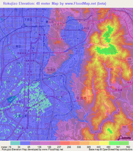 Rokujizo,Japan Elevation Map