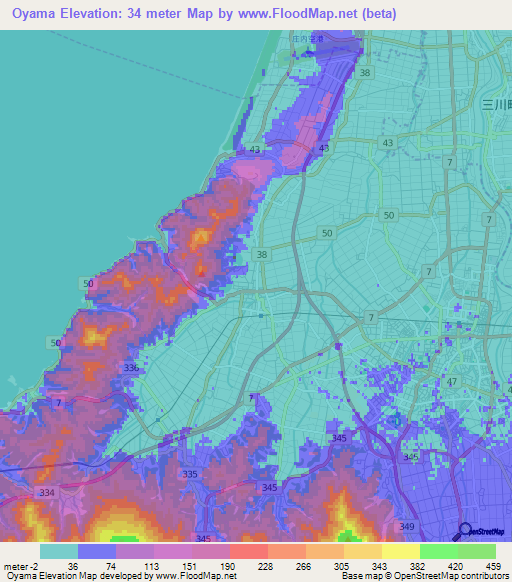 Oyama,Japan Elevation Map