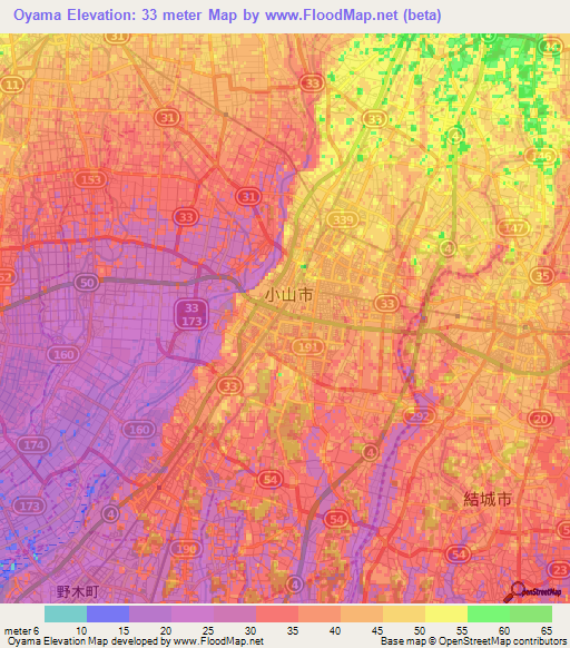 Oyama,Japan Elevation Map