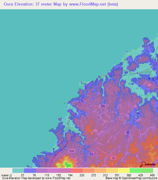 Oura,Japan Elevation Map