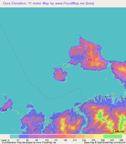 Oura,Japan Elevation Map