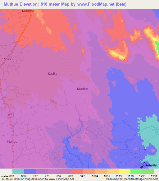Muthue,Kenya Elevation Map