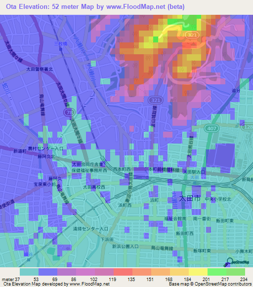 Ota,Japan Elevation Map