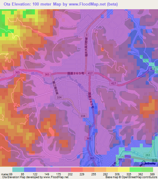 Ota,Japan Elevation Map