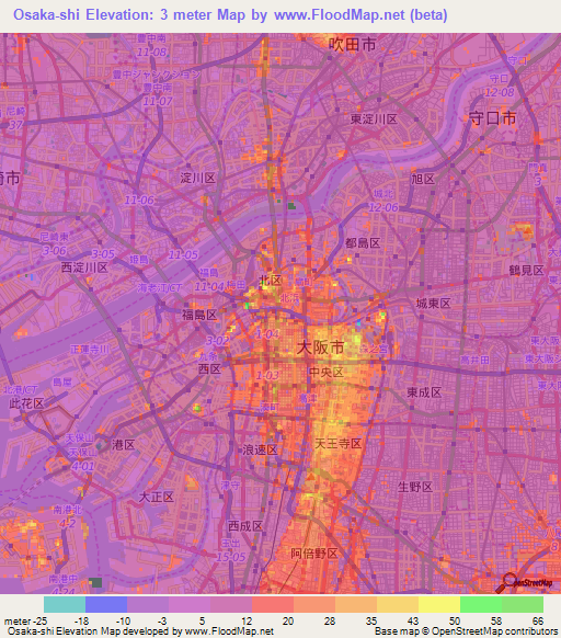 Osaka-shi,Japan Elevation Map