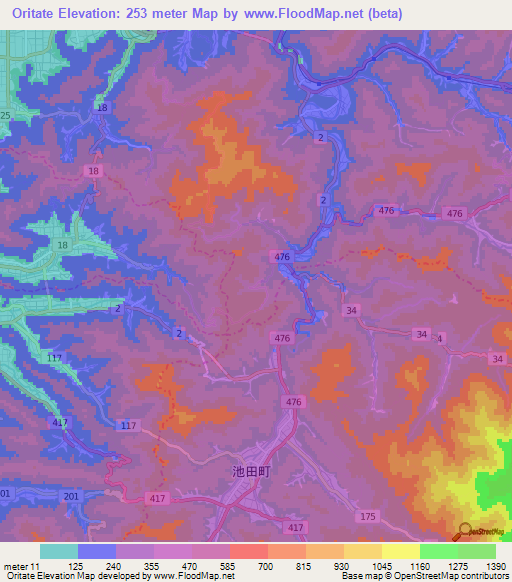 Oritate,Japan Elevation Map