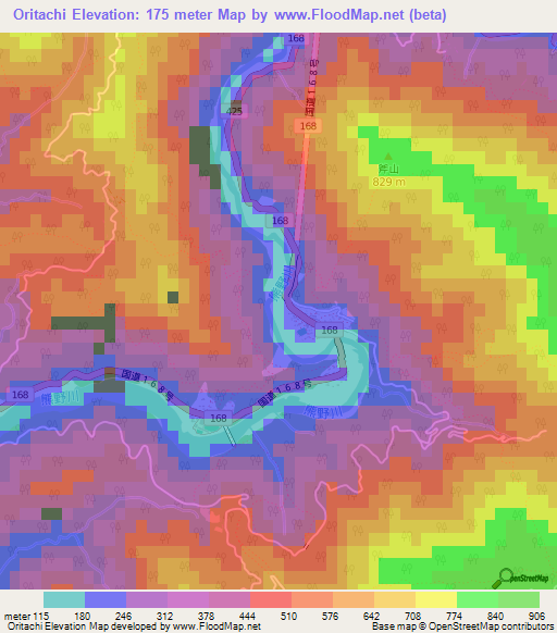 Oritachi,Japan Elevation Map