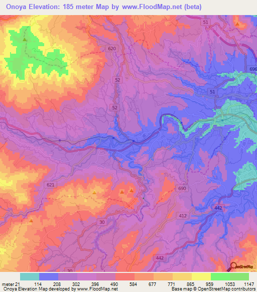 Onoya,Japan Elevation Map