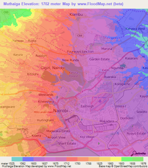Muthaiga,Kenya Elevation Map