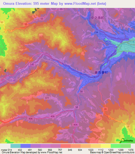 Omura,Japan Elevation Map