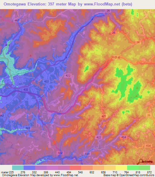 Omotegawa,Japan Elevation Map