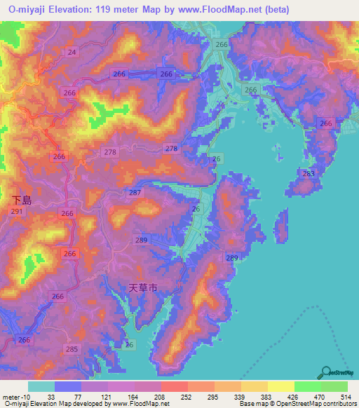 O-miyaji,Japan Elevation Map