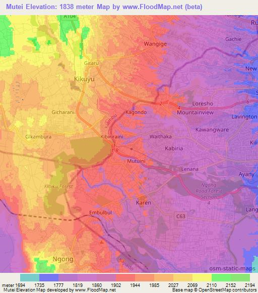 Mutei,Kenya Elevation Map