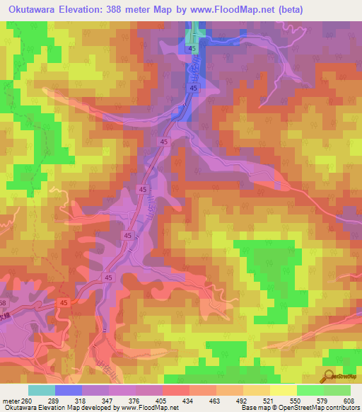 Okutawara,Japan Elevation Map