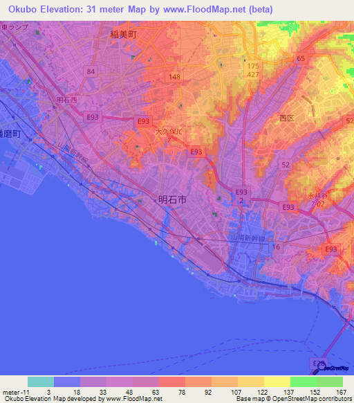 Okubo,Japan Elevation Map