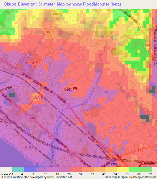 Okubo,Japan Elevation Map
