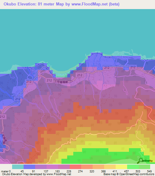 Okubo,Japan Elevation Map