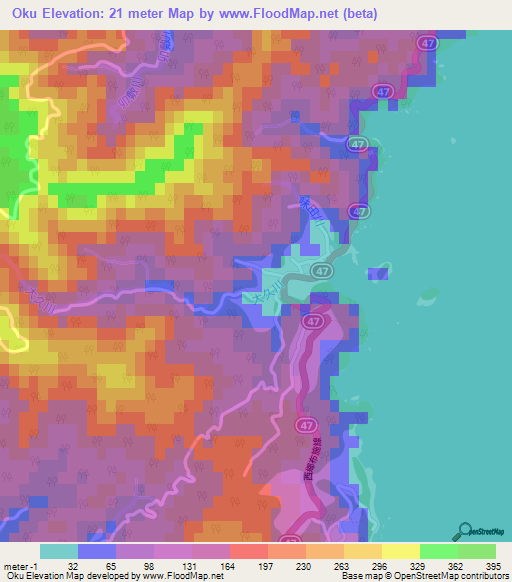 Oku,Japan Elevation Map