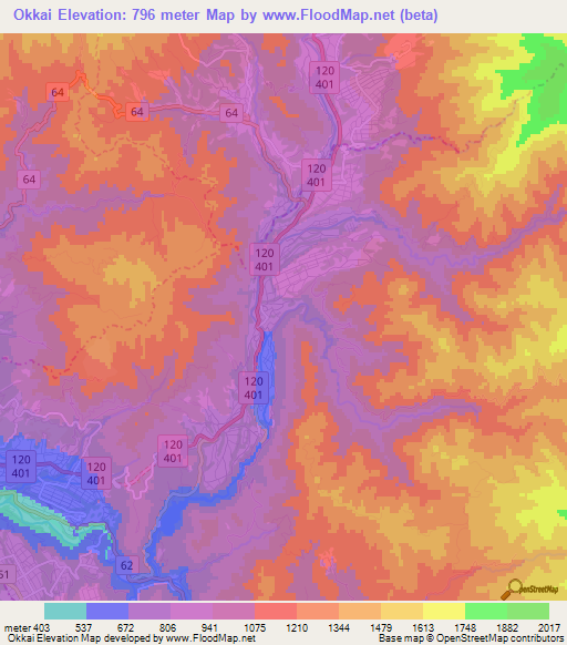 Okkai,Japan Elevation Map