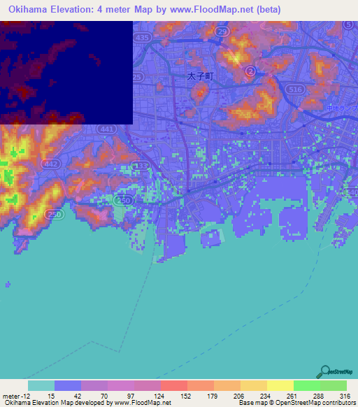 Okihama,Japan Elevation Map