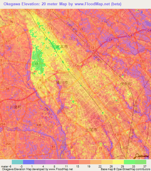 Okegawa,Japan Elevation Map
