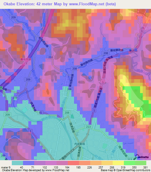 Okabe,Japan Elevation Map