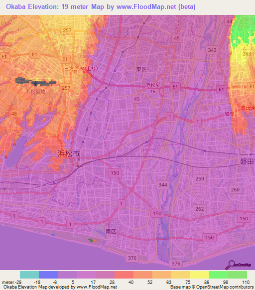 Okaba,Japan Elevation Map