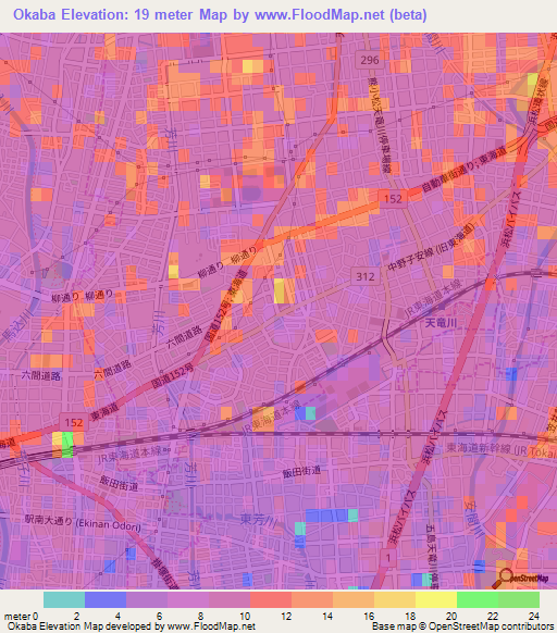 Okaba,Japan Elevation Map