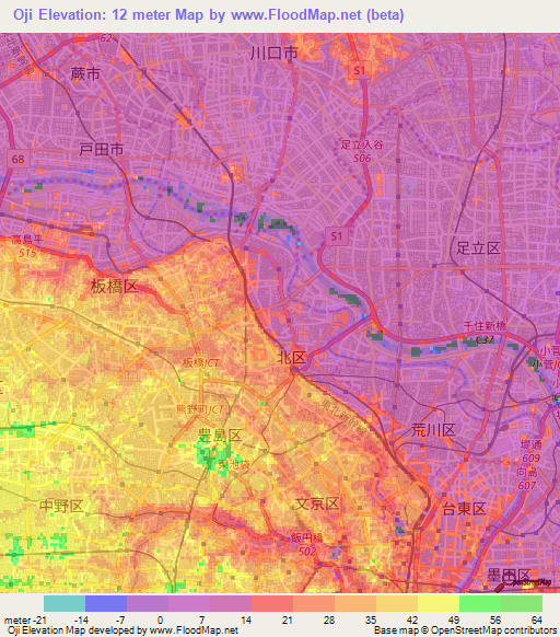 Oji,Japan Elevation Map