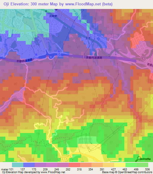 Oji,Japan Elevation Map