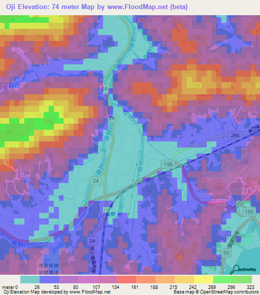 Oji,Japan Elevation Map