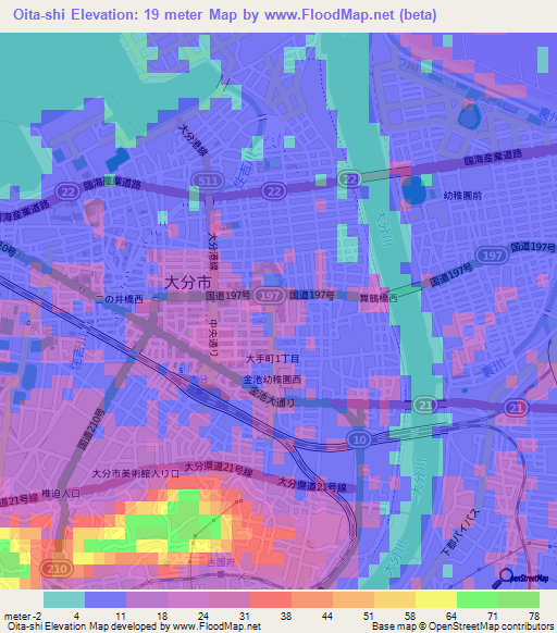 Oita-shi,Japan Elevation Map