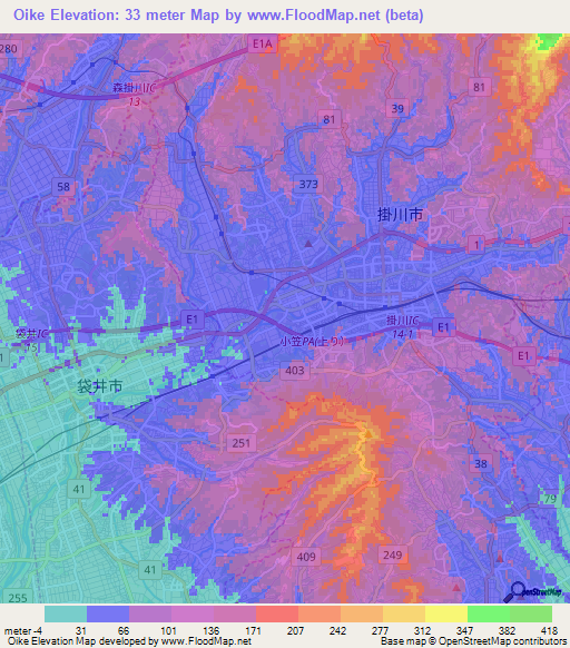 Oike,Japan Elevation Map