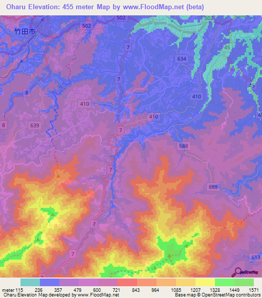 Oharu,Japan Elevation Map