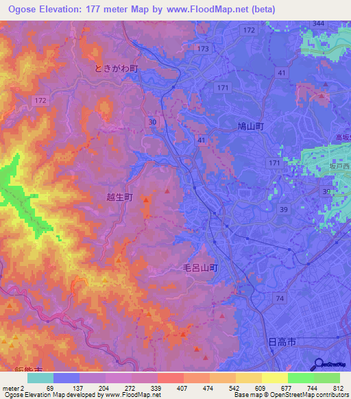 Ogose,Japan Elevation Map