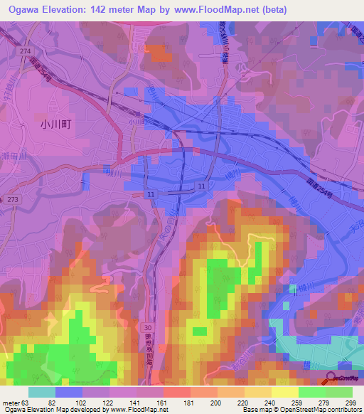 Ogawa,Japan Elevation Map