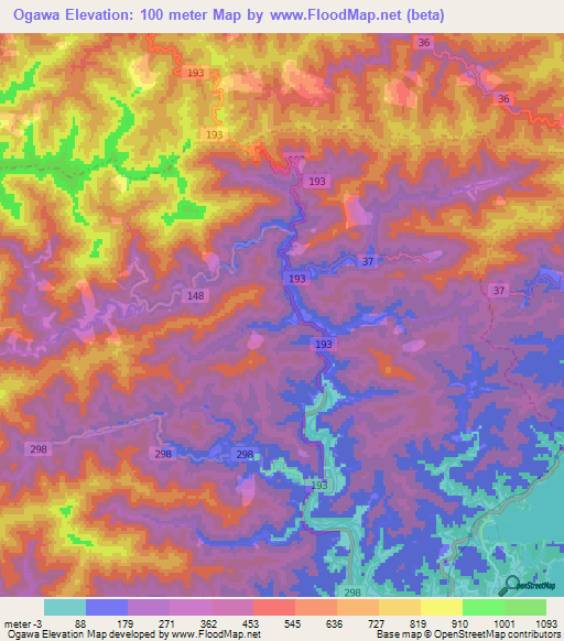 Ogawa,Japan Elevation Map