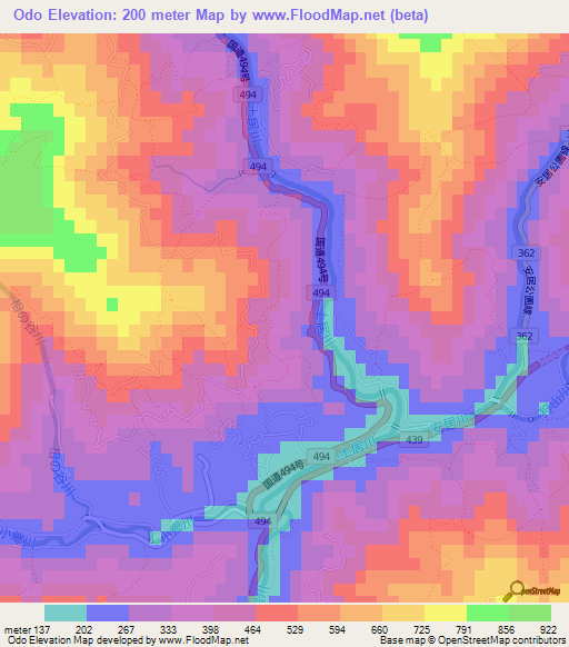 Odo,Japan Elevation Map
