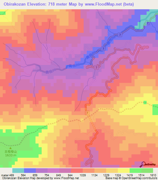 Obirakozan,Japan Elevation Map