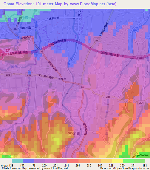 Obata,Japan Elevation Map