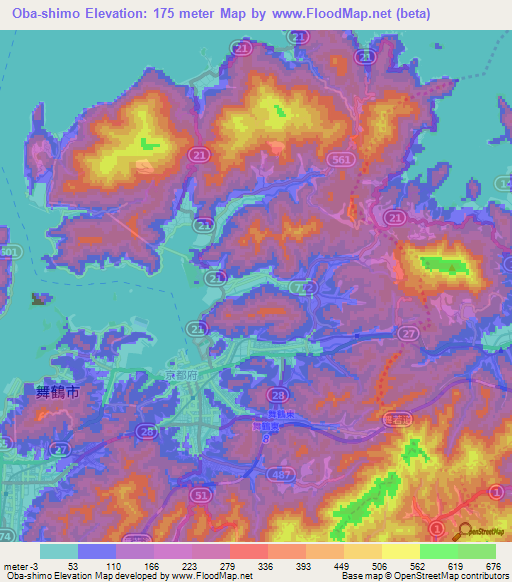 Oba-shimo,Japan Elevation Map