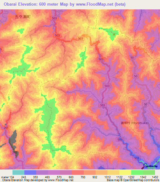 Obarai,Japan Elevation Map