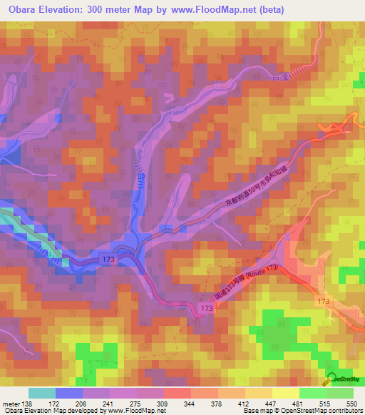 Obara,Japan Elevation Map