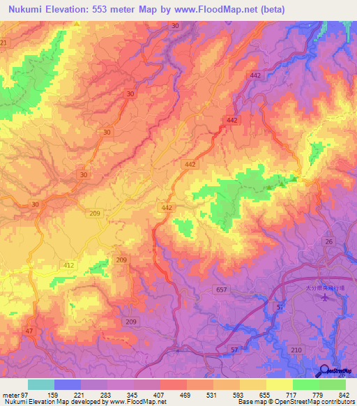 Nukumi,Japan Elevation Map
