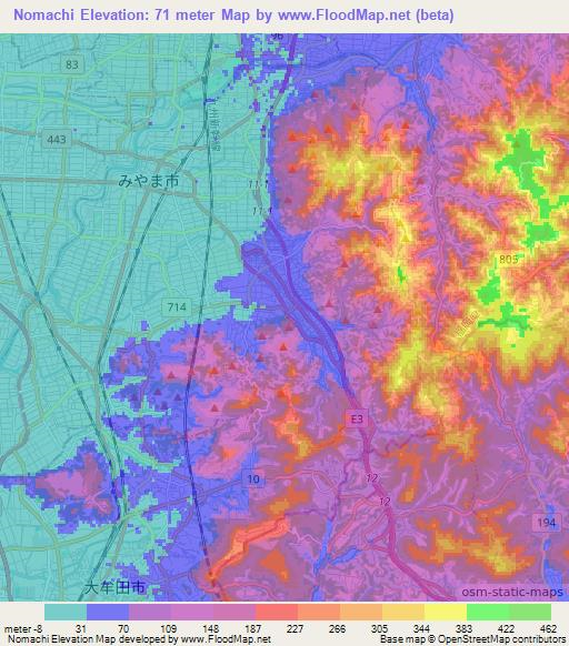 Nomachi,Japan Elevation Map