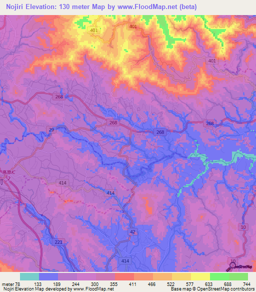 Nojiri,Japan Elevation Map