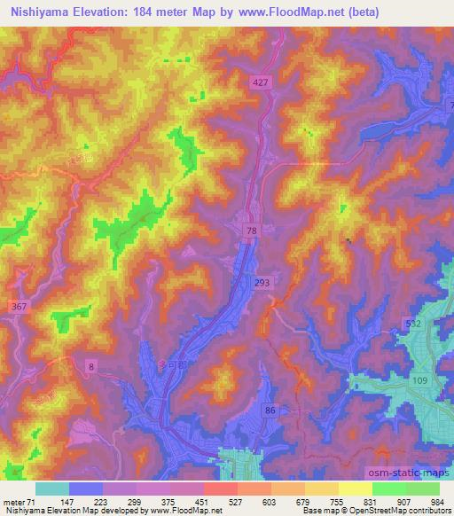 Nishiyama,Japan Elevation Map