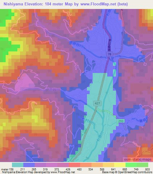 Nishiyama,Japan Elevation Map