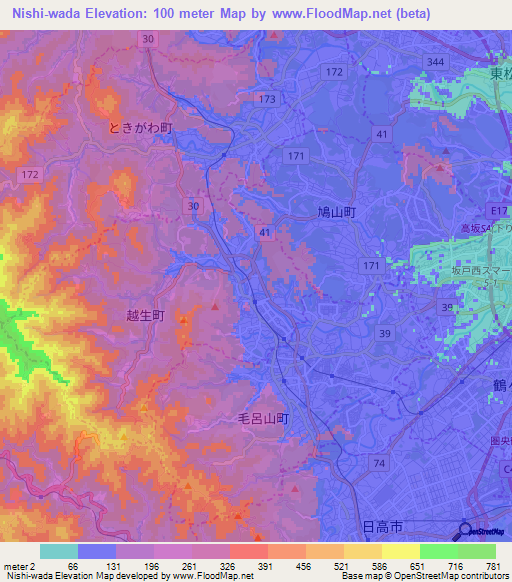 Nishi-wada,Japan Elevation Map