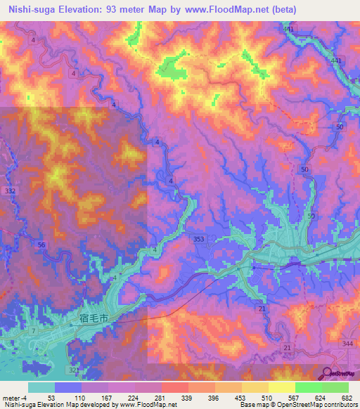 Nishi-suga,Japan Elevation Map